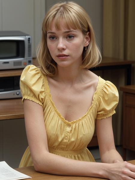 a woman sitting at a table talking on a cell phone, inspired by Winona Nelson, featured on reddit, screenshot from the 1983 film, beautiful blonde girl, wearing a sundress, young teen, shoulder pads, tv commercial, deep in thought, wearing a yellow dress, diary on her hand, 9 0 - s fashion, screencap, gwen stacy