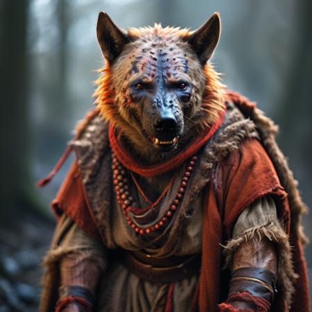 highly detailed documentary photo of gnoll:1.3,

 solo,  male focus, teeth, scar, fangs, depth of field, ((red cloak)), belt, ((orange scarf)), jewelry, necklace, blurry, blurry background, realistic:1.3, inside tribal hut,

masterpiece, best quality:1.1, 

ultra photoreal, photorealistic:1.0, sharp focus:1.1, 
depth of field:1.1, 

50mm, style of Nathan Wirth, Hasselblad X1D II, Porta 160,
