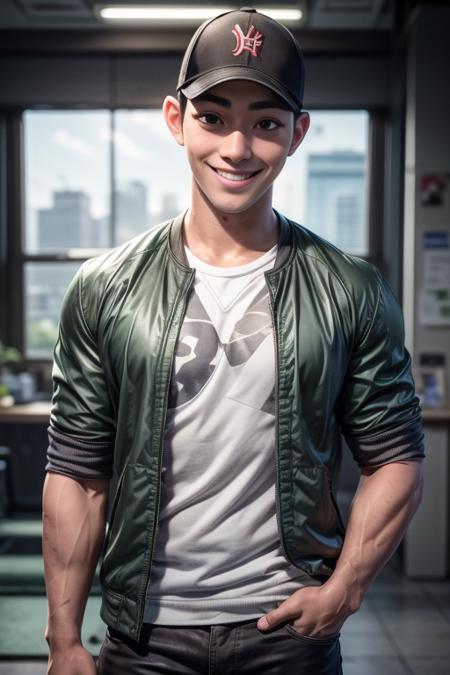 tadashi_hamada, asian, short hair, 25 years old, stubble, young man, muscular, large pectorals, broad shoulders,  baseball cap, shirt, jacket, smile, realistic  <lora:tadashi_hamada:0.6>,  <lora:add_detail:1>