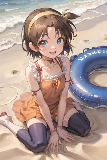 1girl, ayumi_yoshida, blue eyes, hairband, bangs, short hair, brown hair, smile, beach <lora:ayumi:0.6>