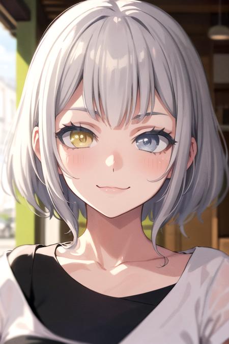 <lora:KanameRana-04:0.7>,ranamygo, 1girl, solo, looking at viewer, blush, short hair, blue eyes, yellow eyes, grey hair,  heterochromia, smile. :3. portrait, black t shirt, oversized shirt, oversized clothes