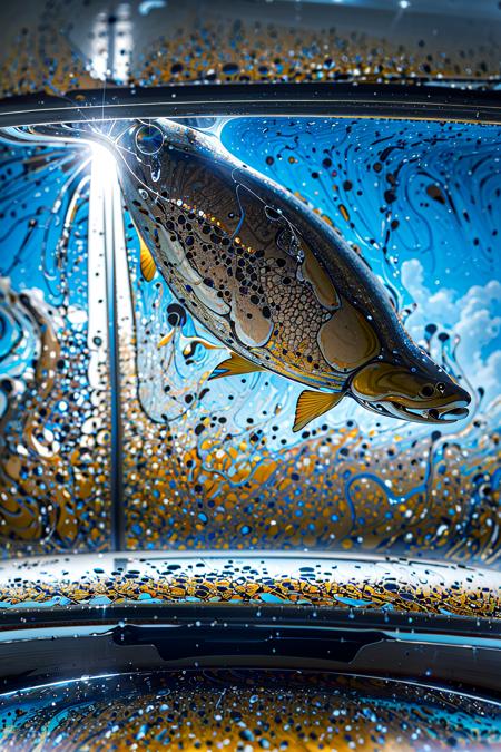 best quality, lots of fish, microbe scale, view from the huge lens, arowana, cloud, sky, tyndall effect, splashing, realistic, extremely detailed, masterpieces <lora:soapbubblefilm_lora_CwR_gm5:0.8>