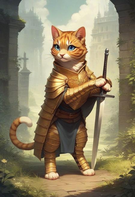 score_9, score_8_up, score_8, solo, (fluffy:0.5), (feral), outdoors, toes, furry, (((cat))), female, blue eyes, yellow fur, claws, (fluffy cheeks:0.5), knight, (golden armor), in the style of beatrix potter, knight with sword, (solo:2), standing at battlement,