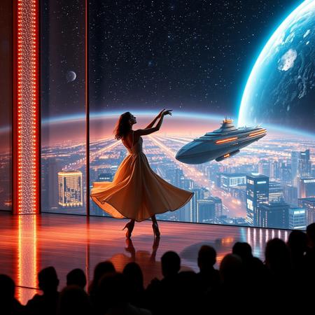 immaculately detailed realistic ultra quality image of a beautiful elegant female dancer is dancing on a futuristic stage micro-LED lighted, the dancer is the focus of the image, every detail of her dress and body are fully visible, the height of the image, behind the dancer on the stage is an enormous seamless and futuristic wall to wall and floor to ceiling window that looks out at a the planet's surface covered with the lights of enormous buildings and cities, An enormous deco starship with futuristic lighting and an enormous space station are visible in the background among the stars, Artistic art deco, dynamic perspective, (((overall architectural aesthetic is Art Deco Cyberpunk))).  Epic image that elicits a feeling of romanticism, wonder, and awe, the silhouette of the audience can be seen in the foreground that show the enormous scale of the stage and seamless window behind it,