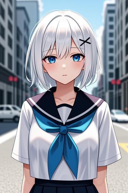 siesta diad siesta diad, 1girl, short hair, white hair, x hair ornament, blue eyes, neckerchief, serafuku, bangs, red bow, white shirt, skirt