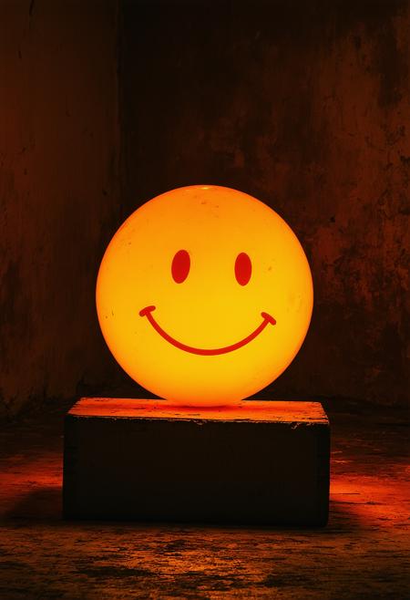 Extreme low-angle, worm's-eye view: a luminous ping-pong sphere, crudely drawn smiley face, hovers, slowly rotating. Monumental against a dust-choked, cobweb-strewn abandoned playroom, subtly blurred background. Cinematic lighting by Darius Khondji, Magritte-esque surrealism; dramatic chiaroscuro, shallow depth of field. Muted desaturated umbers and greys, pierced by the sphere's vibrant orange glow. Single overhead spotlight casting long, eerie shadows. Smooth scuffed plastic, brittle wood, silken cobwebs. Unsettling nostalgia, playful menace. Motes of dust dance in the light beam; a forgotten toy block in deep shadow.