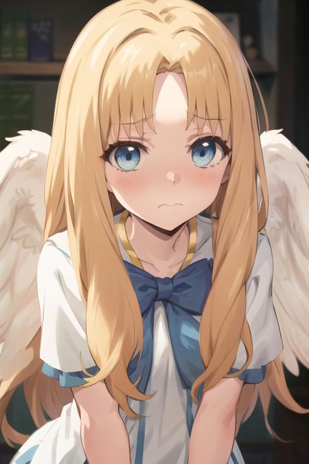 upper body, filo, 1girl, solo, embarrassed, closed mouth, white wings, hite dress, blue bow, long hair, blue eyes, looking at viewer, parted bangs, bent over, arms behind back, <lora:filo2-05:0.9>