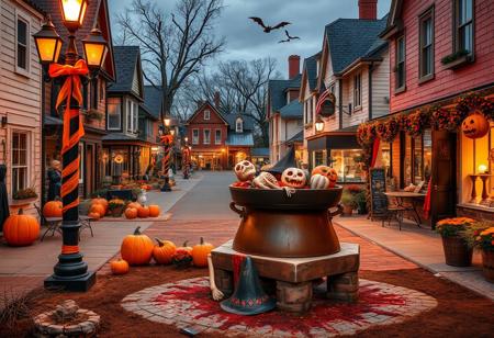 On Halloween in the small town, the main street is decorated with all kinds of spooky items. The lampposts are wrapped with black and orange ribbons. There are several large pumpkins carved into different shapes placed at the corners of the street. Some houses have fake skeletons hanging on their balconies. In the town square, a big cauldron made of papier - mâché stands, filled with fake body parts. The shops are decorated with witch hats and bats made of plastic. The old well in the center of the town has some fake blood smeared around it.
