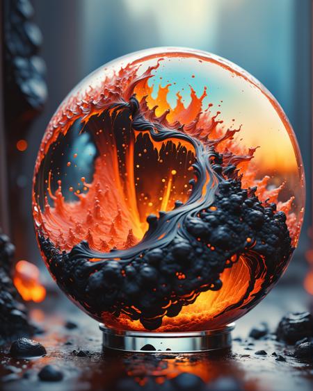 ultradetailed ultrarealistic, of a lava avalanche in a glass sphere, a perfect photography by Mark Mann and Ashraful Arefin ,muted wet colors, intricate artwork masterpiece <lora:hyperkraximalism_v1-1:0.25>