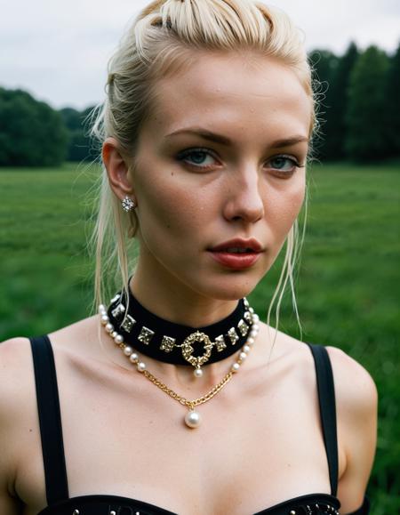 close up analogue photo of a beautiful 25 years old blond woman, clear focus, high resolution image, RAW full body analogue photo of a beautiful 25 years old woman, clear focus, high resolution image,  ,wearing Midnight black corset, white Givenchy logos, thigh-high boots with gold laces, pearl-studded Chanel necklace,  glossy surface, bold logo definition, intricate lacing, soft pearl highlights, gleaming silver spikes, rich black texture.,,low light, soft natural light, Rembrandt style light, Hasselblad DLSR camera, 200mm Zeiss lens, f/2.8, ,Sexy pose, erotic pose, exhibitionism, ,A serene meadow with wildflowers and a babbling brook