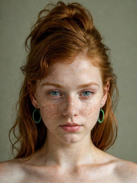 close-up of a 20 year old redhead with dark green eyes, freckles, beauty spots, no makeup, natural, earrings, innocent expression, hard shadows, soft lighting, sharp focus, skin details