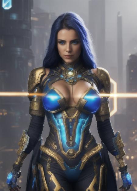 Cybernetic iron female and blue dragon near her with gold inserts on the cover in cyberpunk style with neon illumination, shoulders bare : Black Ink Flow: 8k photorealistic masterpiece, intricately detailed liquid gouacheintricately detailed, complex, elegant, expansive, fantasy background <lora:4x_RealisticRescaler_100000_G:1> <lora:epiNoiseoffset_v2:1>