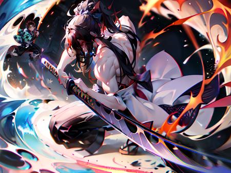 Kokoshubi 1man , long hair ponytail with red highlight , fight stance , stiing with katana in hand ,kbkatana ,master piece , rim light , best quality, extremely detailed, detailed background