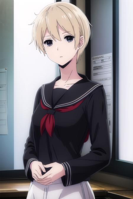 meihayakawa, <lora:mei hayakawa s1-lora-nochekaiser:1>,
mei hayakawa, short hair, bangs, blue eyes, blonde hair, hair between eyes, (black eyes:1.5),
BREAK shirt, long sleeves, jewelry, school uniform, white shirt, earrings, serafuku, sailor collar, neckerchief, red neckerchief, black sailor collar, stud earrings,
BREAK indoors, classroom,
BREAK looking at viewer, (cowboy shot:1.5),
BREAK <lyco:GoodHands-beta2:1>, (masterpiece:1.2), best quality, high resolution, unity 8k wallpaper, (illustration:0.8), (beautiful detailed eyes:1.6), extremely detailed face, perfect lighting, extremely detailed CG, (perfect hands, perfect anatomy),