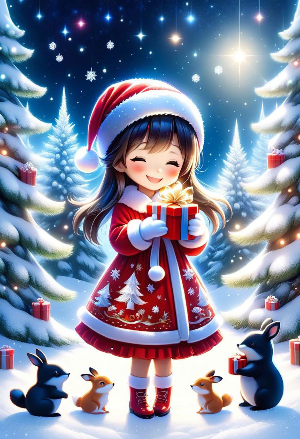 A Smiling Girl with a Gift in Winter Clothing and a Christmas Tree Background