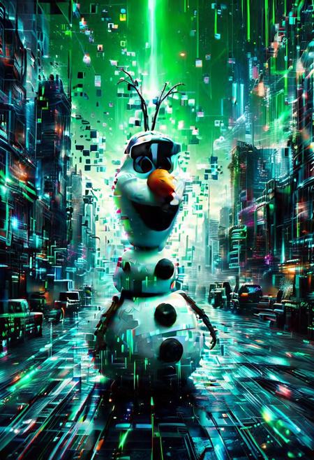 Olaf, snowman, futuristic sunglasses, braid, glowing green Matrix code powers, powers swirls from hands, futuristic background, code raining from the sky, buildings flicker with data, Olaf friendly, glitchy hologram, pixelated carrot nose., Cinematic lighting, dramatic pose, cyberpunk atmosphere.
score_9, score_8_up, score_8_up, masterpiece,super detailed face, super high resolution, FaceDetail, masterpiece-level, highly detailed, intricate details, detailed background, complex background, cinematic, intricately detailed illustration, depth of field, masterpiece, best quality, amazing quality, very aesthetic, absurdres, newest, very awa, shadow,