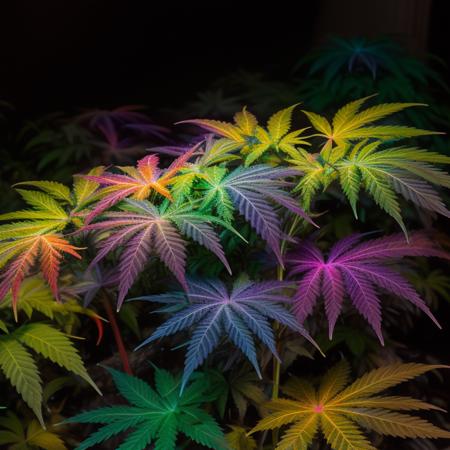 (rainbow colored:1.4),  glowing neon young marijuana plants, leaves, ,  GANnabis,  <lora:GANnabis-000009:0.5>