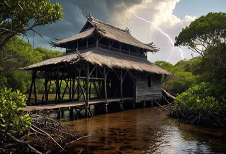 hyperrealistic art  a wanderer between worlds in flowing clothes, (epic landscape:1.5),  (style Historical drawing), (style Historical painting),best quality, masterpiece, extremely detailed,  professional  art,  professional painting, an extremely delicate and beautiful, dynamic,  great lighting, perfect shading, professional shading, depth of field,   side soft light, elegant, gorgeous, highly detailed,   full shot, uncropped,   pure genious, absolutely perfect,  highly detailed, breathtaking,
Mangrove channels at low tide, animal fur caught on thorns, covered bridge with shingle roof,lightning-strike temples where charred obelisks channel storm energy, the grounds maintained by electroplated beetle flocks . extremely high-resolution details, photographic, realism pushed to extreme, fine texture, incredibly lifelike