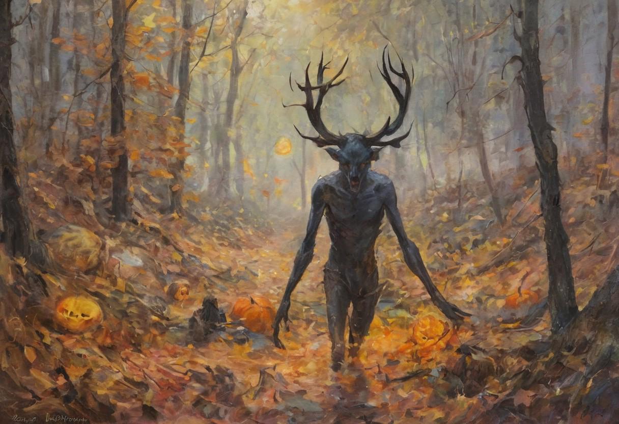 wendigo demon, pumpkin, fairy ring, misty forest, autumn leaves, impressionist painting