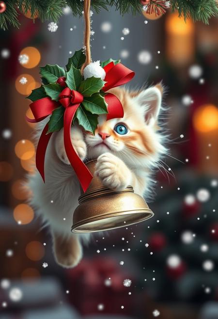A whimsical winter wonderland scene captures a fluffy kitten's playful essence as it mid-bat at a hanging Christmas bell adorned with lush holly and crimson ribbon. The kitten's bright blue eyes sparkle with mischief, surrounded by soft, feathery whiskers and ultra-realistic fur. A sprinkle of tiny snowflakes dances around the bell, suspended in mid-air amidst warm, cozy indoor ambiance, illuminated by soft bokeh lights.