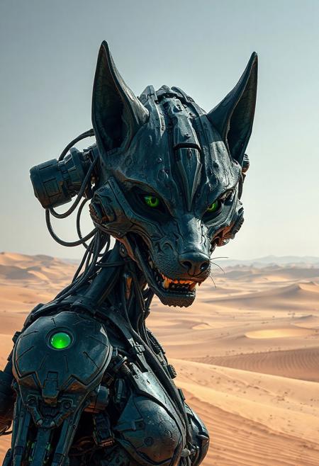 ultra-high quality, ultra-detailed image of a hybrid mechanical wolfman, hybrid creature, mid male human, mid Wolf, seamlessly blending mechanical and organic elements, dark and green colors, commanding presence, capturing her entire body, Face: Highly detailed, lifelike features with expressive, piercing eyes that convey her strength, fierce, showing a natural blend of mechanical and organic textures, vast, desolate desert of dunes, evoking an abandoned planet, barren landscape.