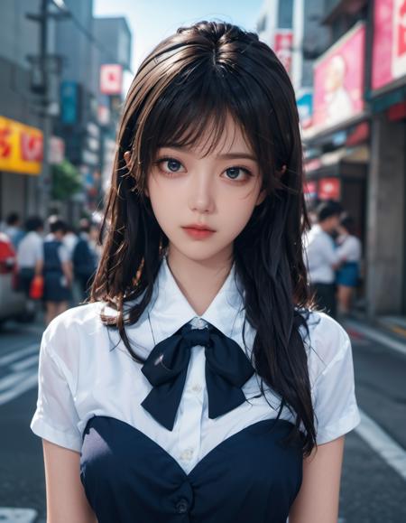 1girl, (8k, RAW photo, best quality, masterpiece:1.3), (realistic,photo-realistic:1.37), (night), (looking at viewer:1.331), (white hair), posing, Tokyo street, nightcityscape, cyberpunk city, soft light, 1girl, extremely beautiful face, bust, put down hands, Random hairstyle, Random expression, big eyes, lower abdomen, (short-sleeved  JK_shirt), JK_style, (dark blue JK_skirt), (bow JK_tie), mix4, an extremely delicate and beautiful girl, depth of field, blurry background, blurry foreground, delicate, beautiful, beautiful face, beautiful eyes, beautiful girl, delicate face, delicate girl, 8k wallpaper, (best quality:1.12), (detailed:1.12), (intricate:1.12), (ultra-detailed:1.12), (highres:1.12), hyper detailed, ultra-detailed, high resolution illustration, colorful, 8k wallpaper, highres, Cinematic light, ray tracing, (8k, RAW photo, best quality, masterpiece, ultra highres, ultra detailed:1.2), (realistic, photo-realistic:), 
<lora:å¹¼æç¾kosina:1>, kosina,