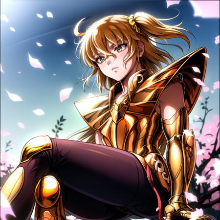 masterpiece, best quality, highres, solo, 1girl, close_eyes, blonde hair,detailed background,medium breasts,aaritsuka, short hair, ahoge, hair scrunchie,black scrunchie,fingerless gloves ,<lora:more_details:0.5>, pauldrons ,golden armor,  <lora:fujimaru_ritsuka_(female)_v1:0.9>, <lora:virgo:0.9> ,cherry blossoms, outdoors,sitting, field,(gold armor:1.5),shoulder armor,(ultra detailed:1.0),(RAW photo:1.0), HDR, photography, Kodak Portra 400, film grain, blurry background, vibrant color,focused face, detailed face,symmetric eyes, visible lips,crossed legs,arm up