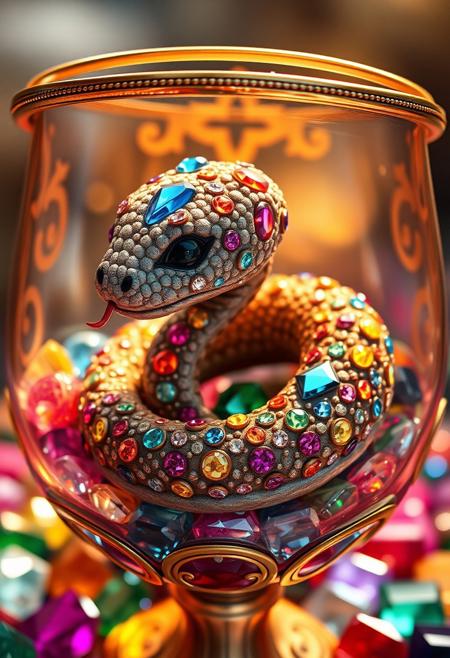 A hyper-stylistic, extremely detailed image depicts an adorable jewel-covered rock snake, reminiscent of a Pixar film, coiled in a stunning goblet filled with precious gems. The snake's rocky body is loaded with shiny jewels, each one perfectly placed to create a dazzling display of color and light. Its scales glimmer and shine like polished gemstones, and its tiny, sparkling eyes seem to twinkle with delight. The goblet itself is a masterpiece of craftsmanship, with delicate, swirling patterns and a rim that shines like molten gold. Every detail of the scene is meticulously crafted, from the subtle, nuanced colors of the gems to the intricate, textured patterns on the snake's rocky scales. The overall effect is one of breathtaking, whimsical wonder, as if the viewer has discovered a hidden treasure trove of magic and enchantment. highest-Quality, intricate details, visually stunning, Masterpiece