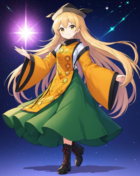 matara okina,1girl, solo, hat, tabard, boots, wide_sleeves, green_skirt, smile, black_headwear, constellation_print, long_sleeves, closed_mouth, full_body, black_footwear, detached_sleeves, aura, shirt
<lora:matara_okina_image1460_2023-12-20-000014:1>,star-shaped_pupils,symbol-shaped_pupils,. gorgeous,key visual, vibrant, studio anime,award-winning, professional, highly detailed,high budget, cinemascope