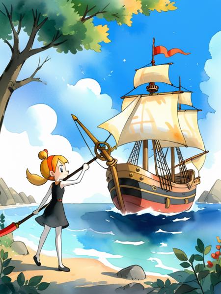 cuphead video game style, 1930s cartoon, hand drawn, watercolor backgrounds, rubber hose animation ready to face whatever challenges lie ahead. the winds whisper tales of adventure and mystery, a ship sails with grace and poise, she holds a small harpoon, hinting at the arrival of winter. the tree branches stretch out like skeletal fingers, inspired by the abstract painting, a simple black dress that contrasts with the vibrant colors of the scene. in her handï¼ <lora:CartoonStyle_Hap_XL:1.5>,cartoon style,anime,masterpiece,UHD,perfection,perfect,detailed, <lora:add-detail-xl:0.01> ,<lora:hand 4:0.00001> ,<lora:OverallDetailXL:0.0001>, <lora:detailed_notrigger:0.0001> ,<lora:xl_more_art-full_v1:0.01>, <lora:XDetail_light:0.00001> ,<lora:perfection style:0.00001>, <lora:age:0.00001>,