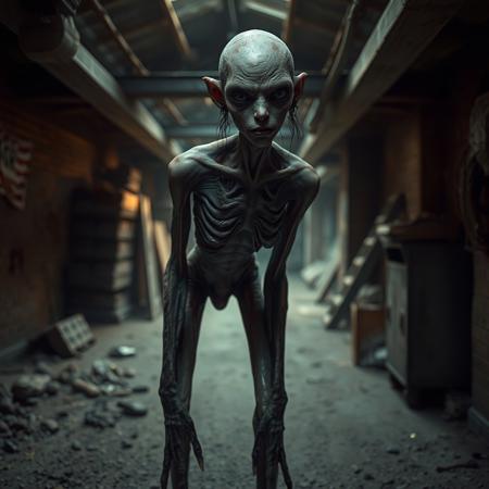 Impossibly thin hulking gangly creature with overtly feminine features, protohuman facial features and pale sticky flesh texture, skulking in the shadows of a sprawling dusty basement environment, photorealistic, hdr, dusk