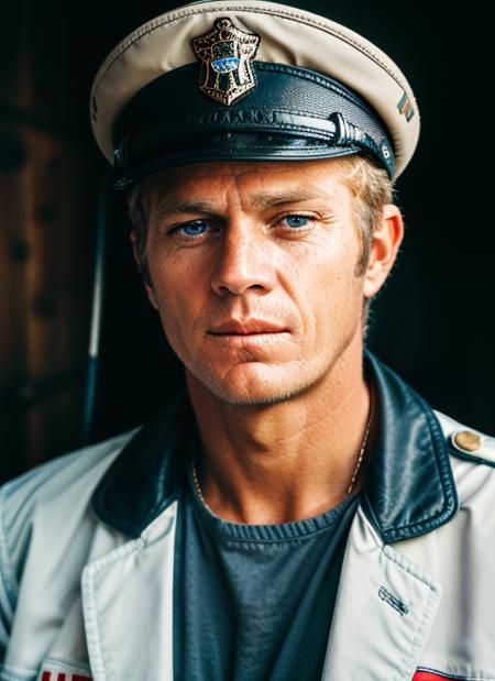 (<lora:SteveMcQueen:.85>) ,a close up Portrait photo of (sm1) man with blonde short hair, Detailed face, (perfect blue eyes), (highly detailed skin:1.1), perfect body, wearing a ((Mounted Police Riding Jacket, Campaign Hat, Riding Boots, Horse Whip, Police Radio)), Modelshoot style, Professional Photography, soft lighting, PHOTOREALISTIC, Realistic, standing in a dark studio background, blurred background, volumetric fog,. RAW, analog style, sharp focus, 8k, HD, DSLR, high quality, Fujifilm XT3, film grain, award winning, masterpiece,