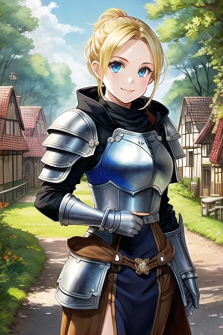 1girl, samus aran, ((highly detailed eyes)), vanillaware-32900, intricate details, round pupils,  detailed pupils, modelshoot style, blonde hair, (blue eyes), ponytail, (((portrait))), (((armor))), ((looking at viewer)), smile, short hair, soft lighting, trees, forest, samdoesart, (((medieval town))), ((fantasy)), ((cartoon))