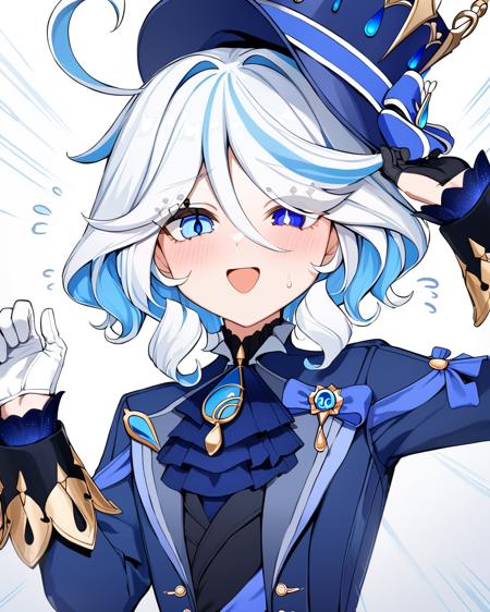  furina \(genshin impact\),   heterochromia,hat,bule hair,blue eyes,ascot,brooch,long sleeves, jacket,blue bow,gloves,white shorts, thigh strap focalors_(genshin_impact), blue_eye,sclothing_cutout, flat_chest, multicolored_clothes, gold_trim,gradient_dress