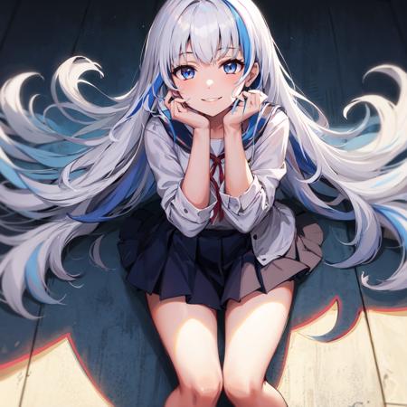 best quality, masterpiece,1girl,white hair, blue streaked hair,light smile, hands on feet,long hair, school uniform,