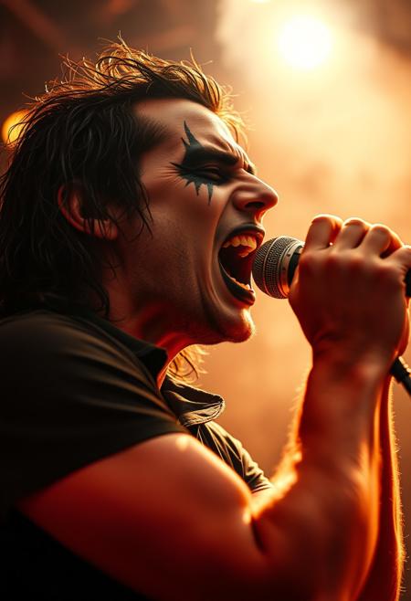 close up shot of a 90's dark punk rock front man screaming his song in the Mikrophon. Tens Muskels and veins on his arms and neck from the intense show. the shot is timed perfectly and the lights are spot on. Giving the scene a dramatic side rim lighting and a face in half shadow. Soft smoke from the smoke machines on the top of the tent is dramatically illuminated from the light show with red, green and blue lasers and strong warm spotlights. His shirt is wet from his sweat and his wet long curly hair sticks to his head and face. his make-up is painting a pure white face with pitch black lines around his completely black eyes and black lips. 
Shot with a full-frame DSLR, 85mm lens at f/1.8 for shallow depth of field, ISO 400, 1/100 shutter speed. Cold dimm light enhanced with slight post-processing contrast boost and neutral tone grading. balancing sci-fi horror with dark fantasy. dark gothic warhammer30k theme