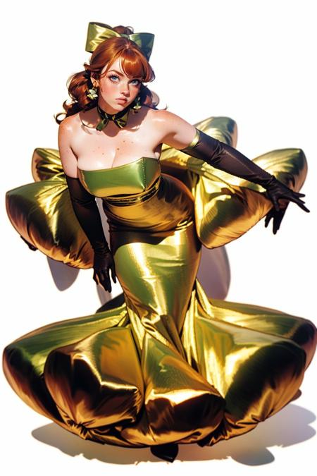 s0h33,bow,bare shoulders,full body,elbow gloves,yellow bow,puffy dress