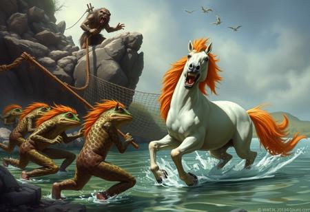 Fantasy art style. Lanky, toad-like bipeds frog monsters frantically trying to use a heavy net to capture a white mare with orange mane and tail. A stump from a cut off horn protrudes from the mare’s brow. High above the pool, a goblinoid bugbear bellows orders from a rocky bluff, marshaling the toad-like creatures against their unseen assailants.