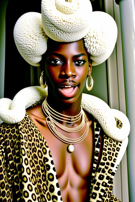 a woman in a leopard print dress and a white hat , solo, 1boy, jewelry, white hair, male focus, earrings, food, dark skin, necklace, parody, afro