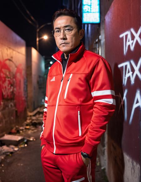 (Fumio Kishida:1.15), wearing simple red track jacket, (wearing red jersey slacks), angry, (both hands in the pocket), wearing tinted glasses, looking at viewer, (movie still, 8k, RAW photo, realistic photo:1.35), in front of wall, cyberpunk, at night, neon light, cinematic light, garbage, dirty city, car, (vending machine:0.5), BREAK (painted "Tax increase" graffiti on the wall:1.15), <lora:Kishida-SDXL_v2.15:0.45>