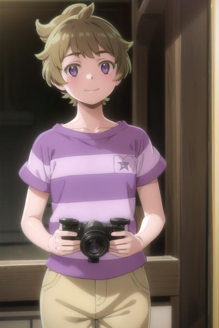 haruka yasaka, short hair, brown hair, (purple eyes:1.1), ponytail, shirt, short sleeves, striped, pants, striped shirt,