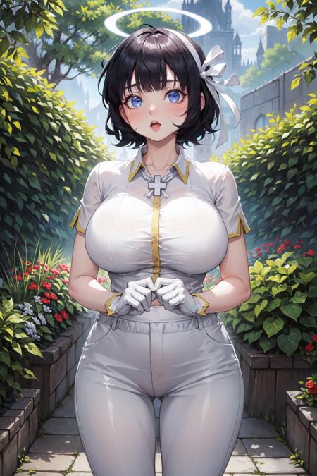 (masterpiece, best quality, glowing light, ultra detailed, detailed background, complex background), (perfect face, detailed face), (mature female, milf:1.3), full-face blush, :o
<lora:azazel:1>, azazel, short hair, halo, shirt, ribbon, angel, hair ribbon, white ribbon, gloves, white shirt, short sleeves, white gloves, pants, large breasts, collared shirt, white pants, cross
(outdoors, garden, thighs)