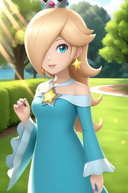 (masterpiece), high quality, (detailed background), 1girl, solo,
<lora:Rosalina-v1-05:0.5>, ChopioRosalina, blonde hair, long hair, curly hair, hair over one eye, blue eyes, lips, eyelashes, earrings, pink nails, (looking at viewer:1.3),
mature female, medium breasts, 
crown, gem,
outfit_1, aqua dress, off-shoulder dress, bare shoulders, star brooch, long sleeves, wide sleeves, frilled sleeves,
outdoors, sunny, light rays, lens flare, depth of field, bokeh,
standing, smile,