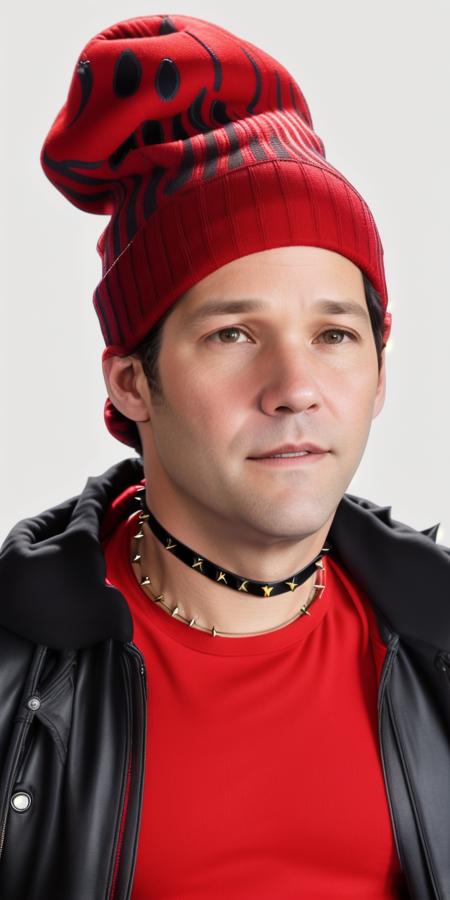 masterpiece, best quality,
 <lora:cincoidentitygenerator2_12500:0.95>  oyster, paul rudd wearing a red beanie and red jacket, spiked choker, smirking in front of a white background, photograph, high resolution, detailed face