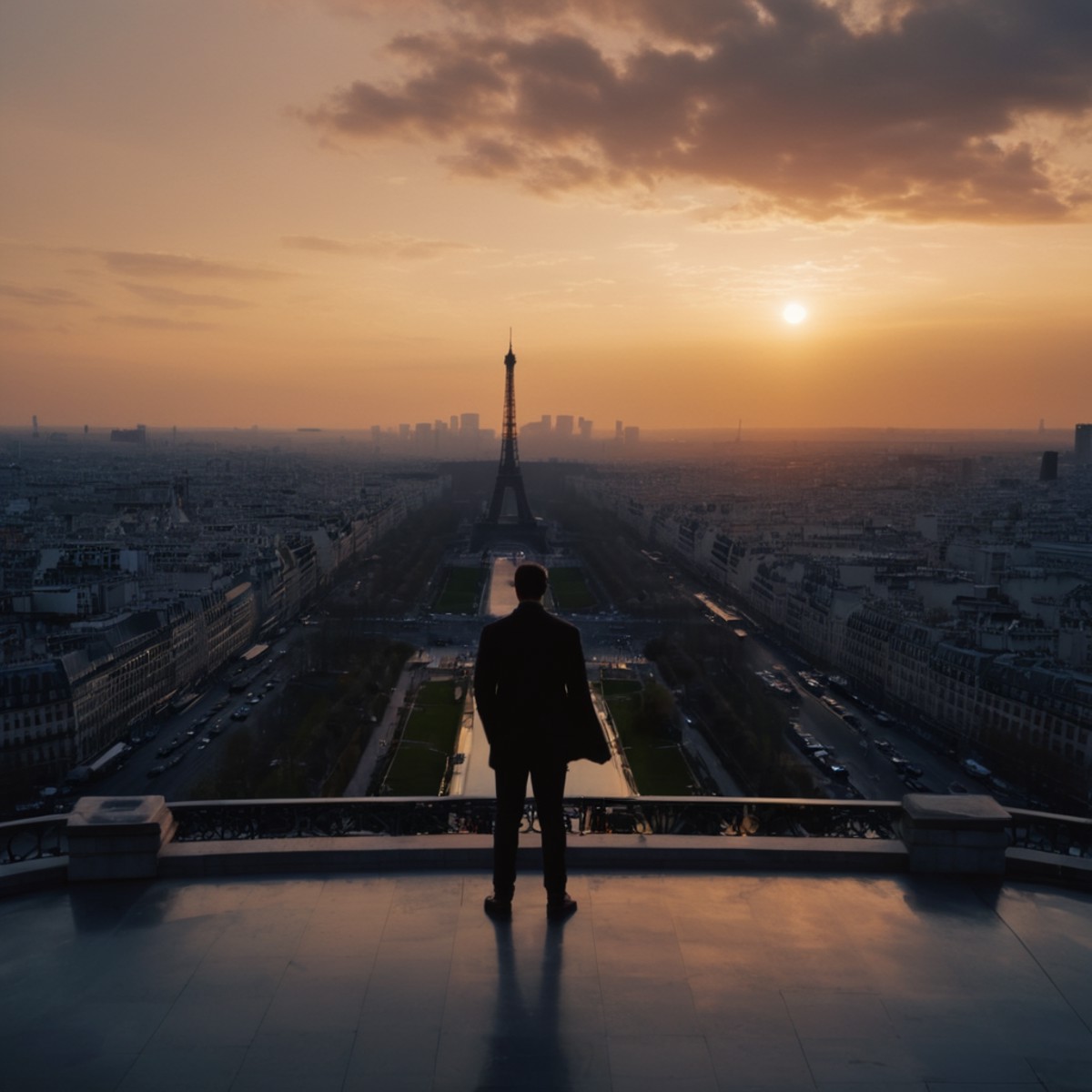 cinematic film still of  <lora:silhouette style:1>
A silhouette photo of a view of the eiffel tower from the top of a buil...