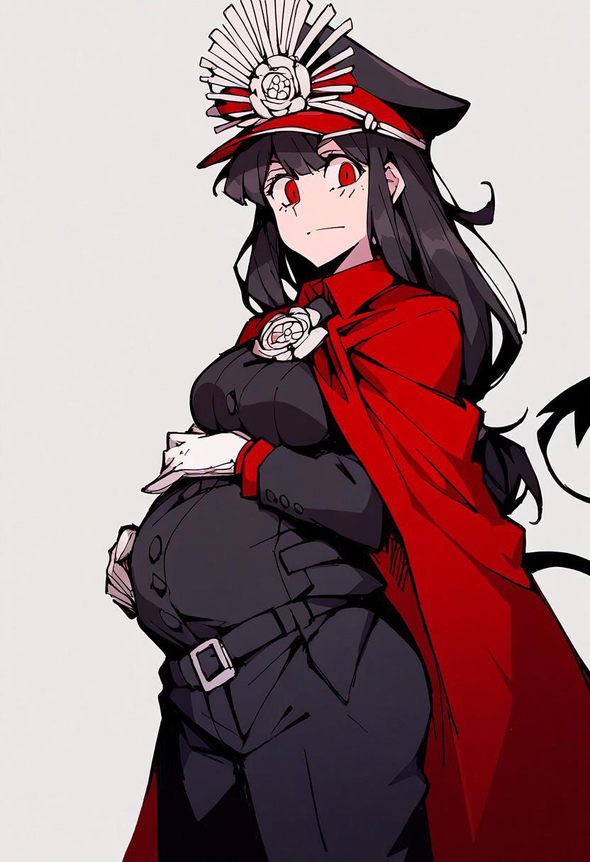 score_9, score_8_up, score_7_up, helltaker, pregnant, 1girl, solo, masterpiece, source_anime, long hair, black hair, red eyes, peaked cap, military uniform, cape, jewelry, white gloves, covered belly, clothed belly, holding belly, standing <lora:Nobunaga:1>