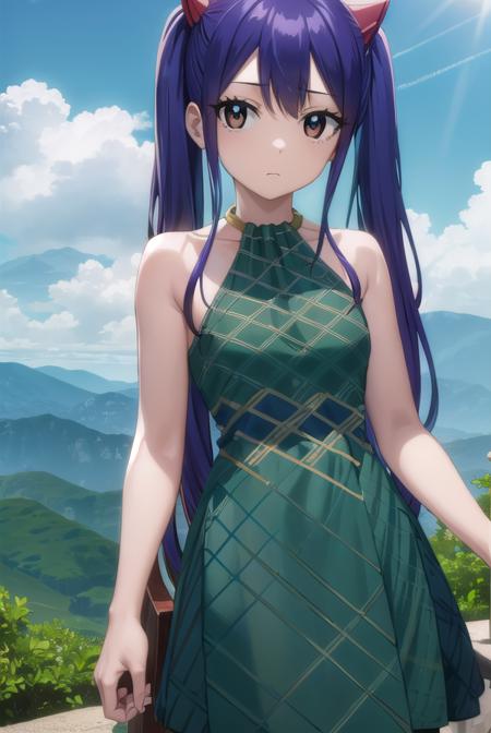 wendymarvell, <lora:wendy marvell-lora-nochekaiser:1>,
wendy marvell, long hair, (brown eyes:1.5), (blue hair:1.5), hair between eyes, twintails, red hair ornament,
BREAK dress, sandals, (green dress:1.5), bare shoulders, armband,
BREAK outdoors, forest, nature, sky, sun, clouds,
BREAK looking at viewer, (cowboy shot:1.5),
BREAK <lyco:GoodHands-beta2:1>, (masterpiece:1.2), best quality, high resolution, unity 8k wallpaper, (illustration:0.8), (beautiful detailed eyes:1.6), extremely detailed face, perfect lighting, extremely detailed CG, (perfect hands, perfect anatomy),