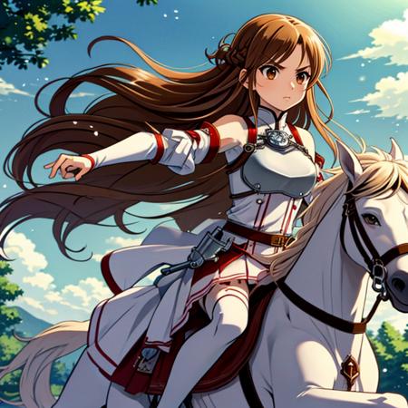 <lora:LCM_LoRA_Weights_SD15:1>,masterpiece,best quality,highly detailed,1girl,solo,serious,concentrating,v-shaped eyebrows,
<lora:asuna_(sao)_v1:0.7>,aaasuna,long hair,brown hair,braid,brown eyes,bare shoulders,armor,breastplate,white sleeves,detached sleeves,red skirt,pleated skirt,white thighhighs,
BREAK
<lora:whitePrince:0.4>,white horse,riding,horseback riding,horse,noble steed,(((rearing up,pulling rein,rearing))),