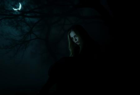 gothic fantasy, crescent_moon night casting dappled shadows, dense darkly  foggy environment, breathtaking Masterwork  32k HD cinematic photo, young sleek beautiful Celtic woman, slippery vantablack  latex infused materials , scared vulnerable lost soul, shyly huddled in darkness, sitting self-hugging knees. dark, mysterious, shrouded