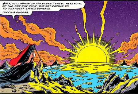 Comic book in the style of Jack Kirby, a 'super hero' stupidly brings the sun to the Earth's surface, chaos ensues,